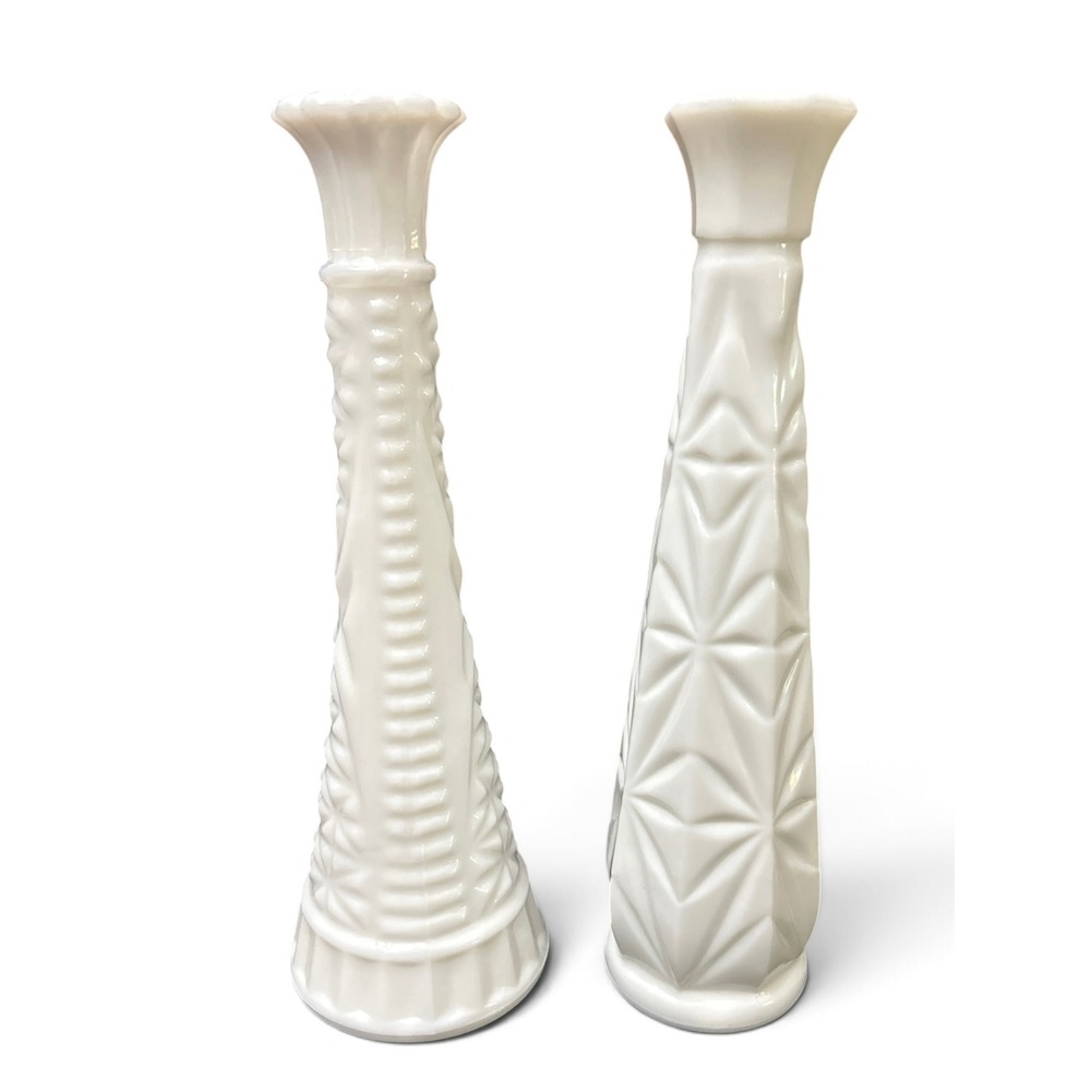 Vintage White Milk Glass Bud Vases (2) 9" Tall Paneled & Geometric Mid-Century